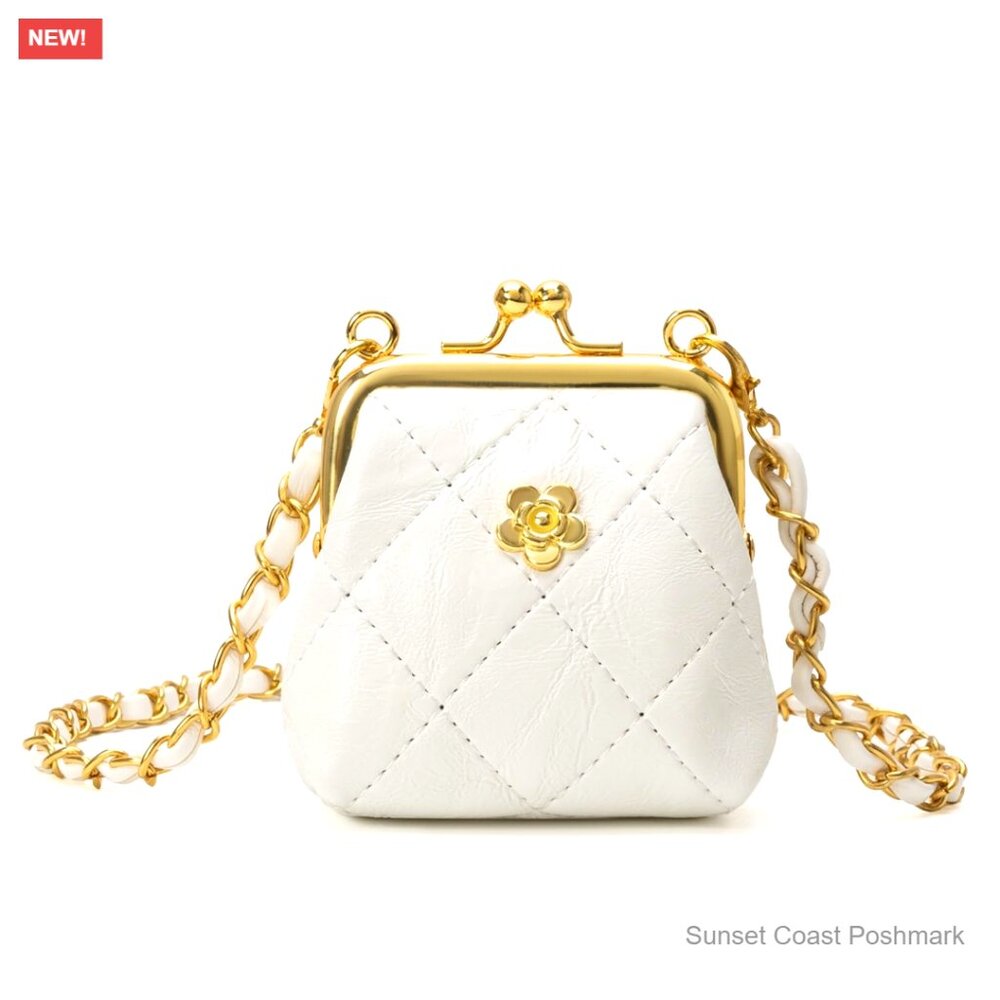 Quilted Kiss Lock Coin Purse with Detachable Chains Convertible Wristlet